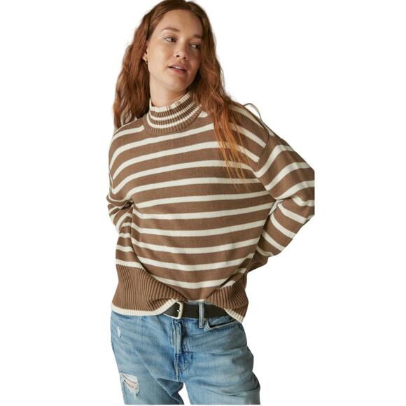 Lucky Brand Oversized Cashmere Cotton Blend Sweater | Neutral Stripe NWOT XS $99 - Picture 1 of 11
